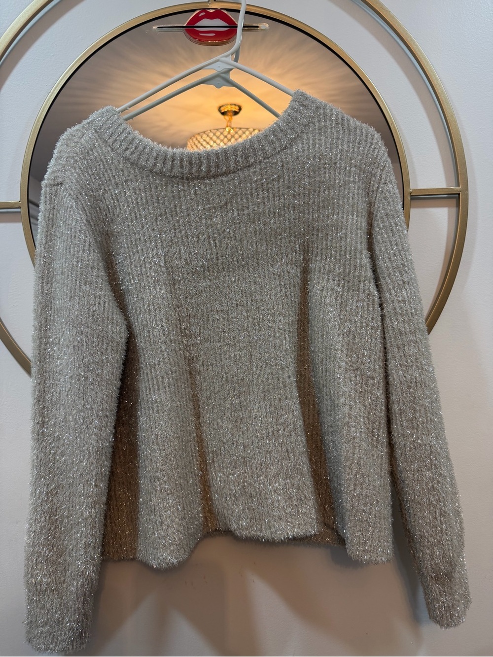 Bar III Cream Metallic Sparkle Crewneck Sweater